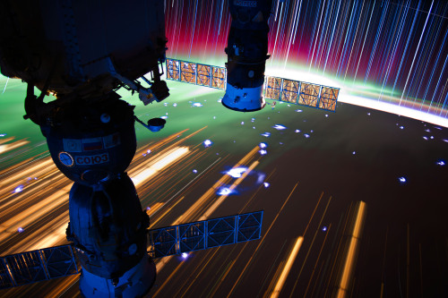 A long exposure from the ISS - capturing star trails, the Aurora Borealis, even lightning storms and