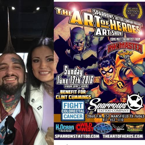 tatubaby:  Mansfield ,TEXAS please go check out my longtime. Good friend @artofthehawk THE ART OF HEROES SHOW fight against colorectal cancer event at his shop Sparrows Tattoo Company today June 12 2016! It goes on from 1-10pm I am disappointed I cant