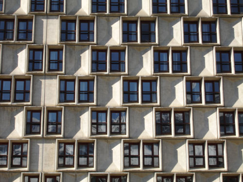 Marcel Breuer, Hôtel Les Lindars, 1960-77.Cchamber window details and diamond shaped panels, Flaine,