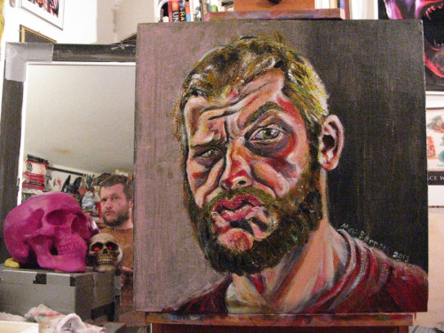Here’s the latest progress on my self-portrait.    Acrylic on canvas  20"x20"  Matt Bernson 2013 Doing a self-portrait with an odd expression is more difficult, but more fun and interesting, than doing an expressionless mugshot.  