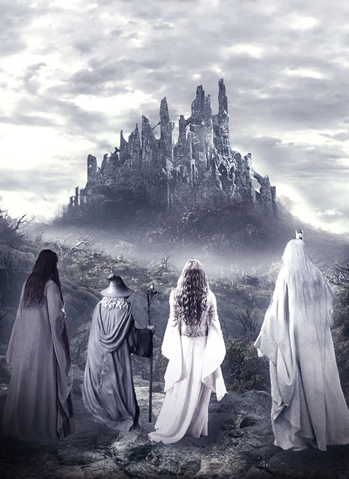 stewardish:  Elrond, Gandalf, Galadriel, and Saruman at Dol Guldur in The Hobbit: The Desolation Of 