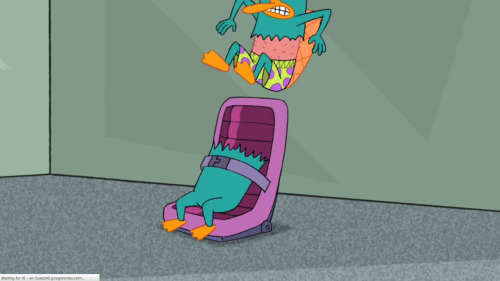 Perry the Platypus from Phineas and Ferb episode “Unfair Science Fair.” In this episode, Perry escapes Dr. Doofenshmirtz’s trap by jumping out of his fur and exposing his boxers to the viewers. Then, he runs off after Doofenshmirtz in his undies.