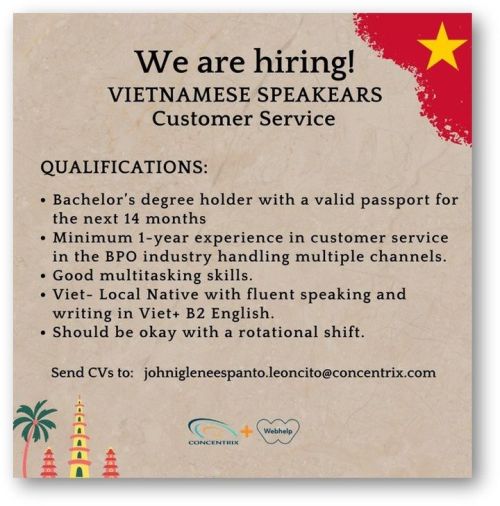 We are #hiring – VIETNAMESE SPEAKERS Customer Service