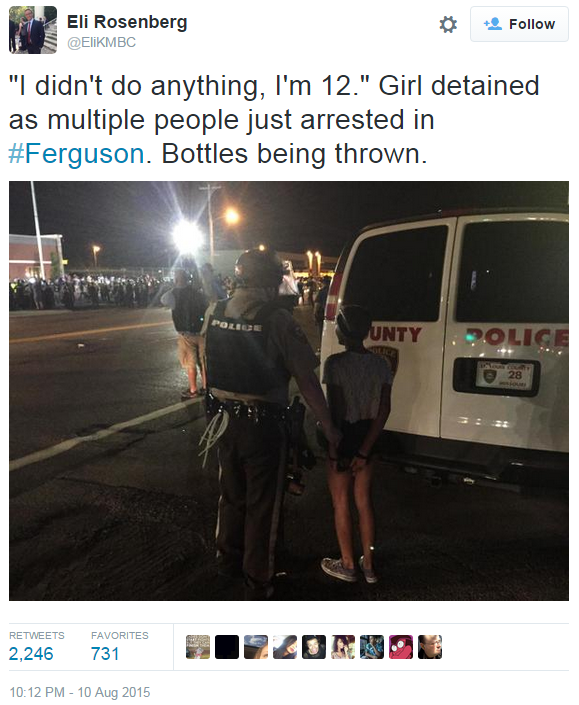 iwriteaboutfeminism:  Police in Ferguson arrest a 12-year-old girl.  Monday, august