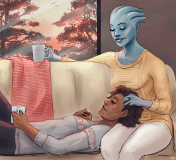 taztothesky:  this was supposed to be a simple lil redraw of this old liara doodle  but in the spirit of winter snuggles, alex wiggled her way in and brought the hamster too 