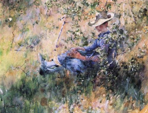 Girl by a Flowering Hawthorn Bush - Carl LarssonImpressionism