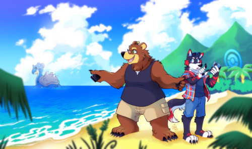 A commission for Redrover of he and his bear boyfriend Panzzy enjoying a day of Pokemon Go at the be