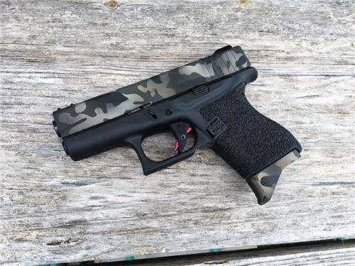 gunrunnerhell: Glock 43 A customized example of the single-stack 9x19mm pocket pistol made by Glock, which received a lot of fanfare when it was introduced to the market. Aside from the finish on the slide and magazine floorplate, it appears to have an