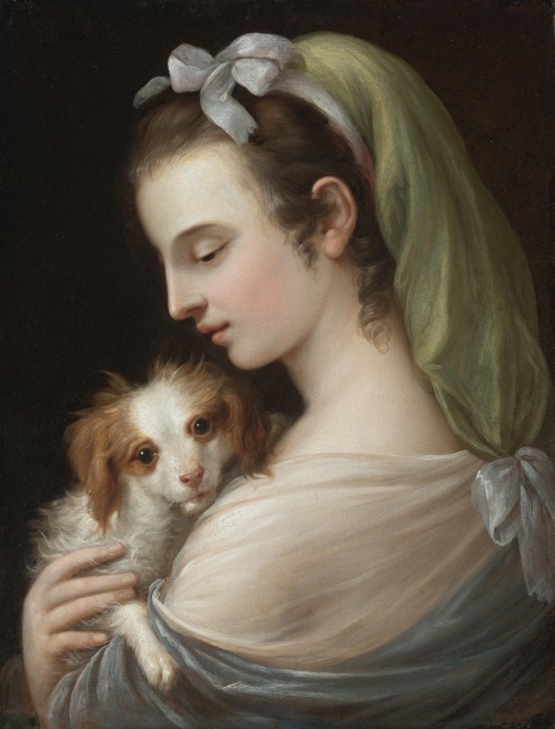 A woman with a king charles spaniel.Oil on Canvas.50 x 38.5 cm.German school.18th century.