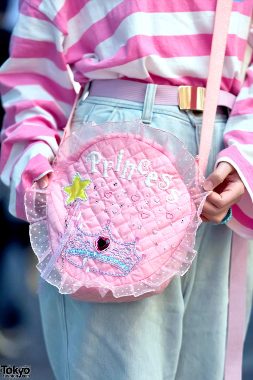 Hiyori on the street in Harajuku wearing a cute look featuring a Neon Moon top, resale denim, Tokyo 