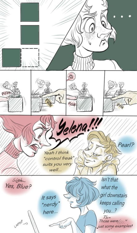 askbirdtriplets:  Pearl: Why is it so hard to keep things in order? What if I would give as horrible treatment to your clothes miss fancy pants? Or mess up with Blue’s drawings? It wouldn’t be so nice would it!? Yelena: If by horrible treatment you