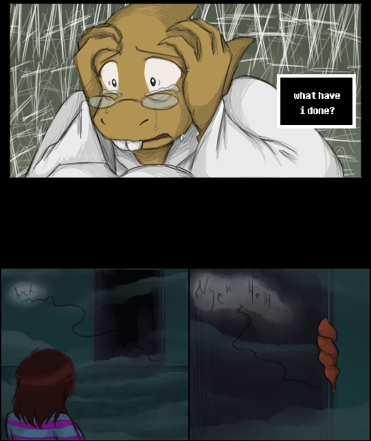 zarla-s:  This may be the worst idea I’ve ever had. Contains spoilers for the end of the True Pacifist route! The single image version is here. * It makes a joke about spaghetti. It hates its own joke.* It tidies up the place, then immediately scatters