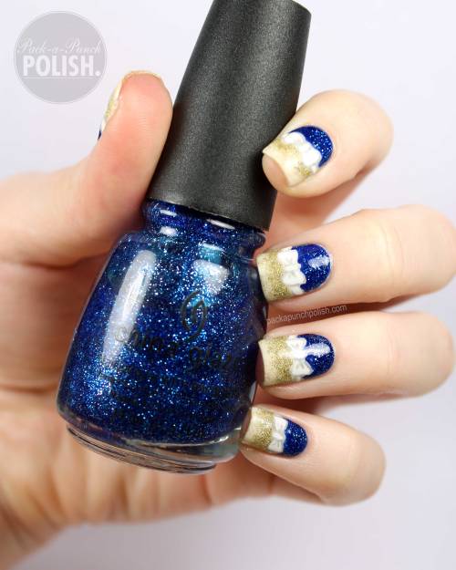 Holiday Bows! Blog Post: www.packapunchpolish.com/2014/12/gold-and-blue-glitter-holiday-