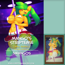 furrydakimakura:  Mango’s Striptease Wall Scroll by 3Mangos - Aluminum Poles Now in stock, with our new aluminum poles:http://www.furrydakimakura.com/products/mangos-striptease-wall-scroll-by-3mangos Mango’s outfit doesn’t leave much to the imagination.