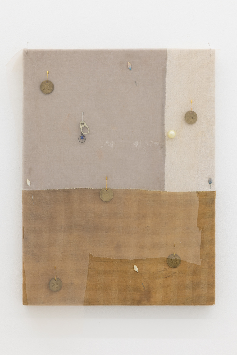 Modern Relics (Their eyes became gold beads), 2022
wooden stretcher, velvet, linen, cotton naturally dyed with Walnut and Pomegranate, netting, saree pins, sewing pins, hotel door numbers, drinks can fragment, earring and safety pins
60 x 45 cm