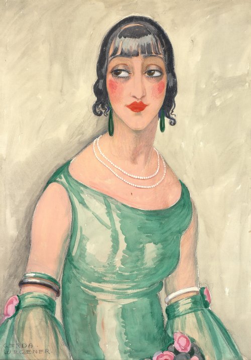 Gerda Wegener (1885-1940) - Portrait of a woman in green dress and pearls
