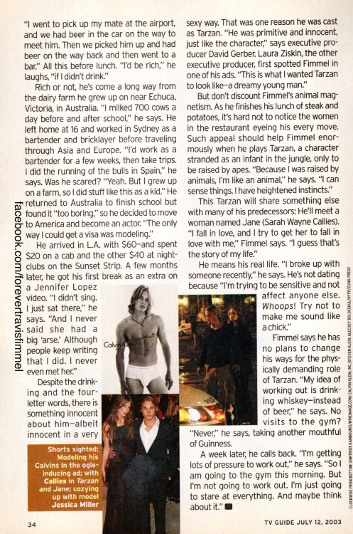 travisfimmelunofficial:Travis Fimmel from the July 12 2003 TV Guide featuring an interview about Travis and his role in WB’s Tarzan