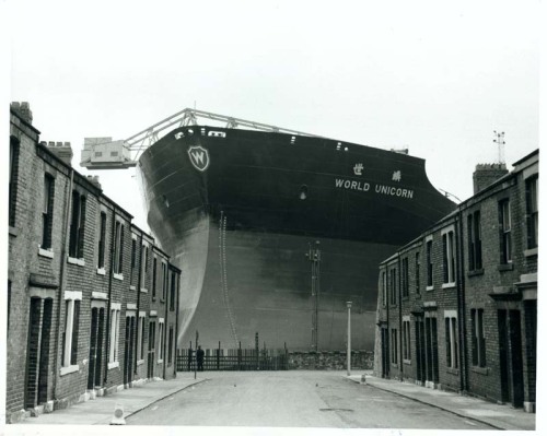 scavengedluxury:The World Unicorn ready for launch. Swan Hunter shipyards, Wallsend, 1973. From the 