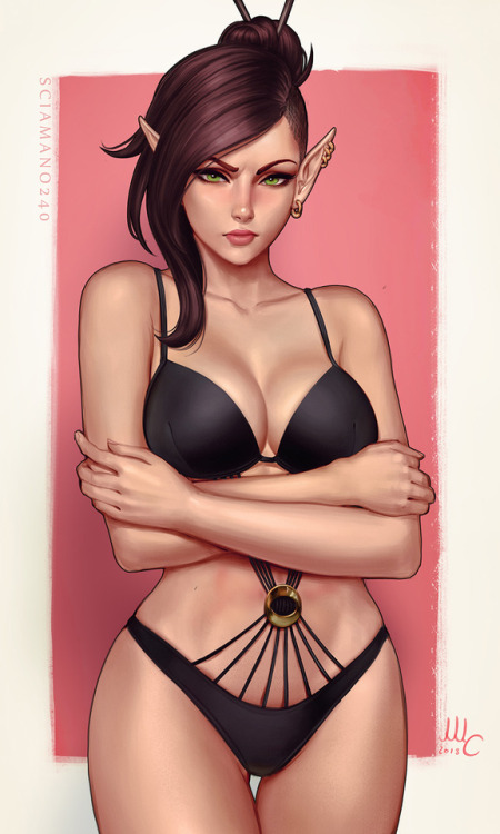 sciamano240:    Eeearly birthday gift made for my friend   Jessey!   She’s his OC Nerium, in black bikini.
