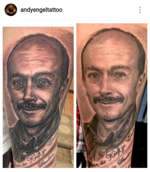 sweejus22:Portrait done by Andy Engel, tattooing since 1995. Left is fresh and right is 5 years old.