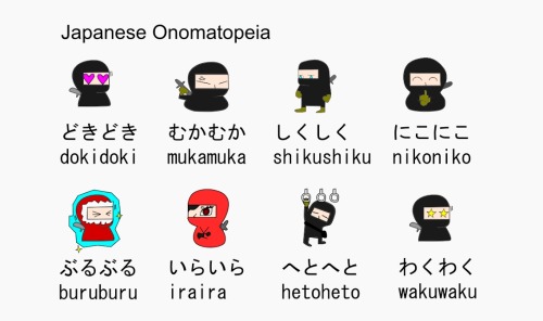 hiragananinja:Japanese Onomatopoeia オノマトペドキドキ dokidoki / heartbeat ワクワク wakuwaku / excited イライラ irai