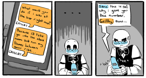 withtheworms:  I missed Bonsai AUuuuuuu.Timeline-wise I figure this is during the first few days when Sans lets Grillby sleep on his couch “for a couple nights, tops.  Just until you get back on your feet.”  lmao sexting with a skeleton.  Way to