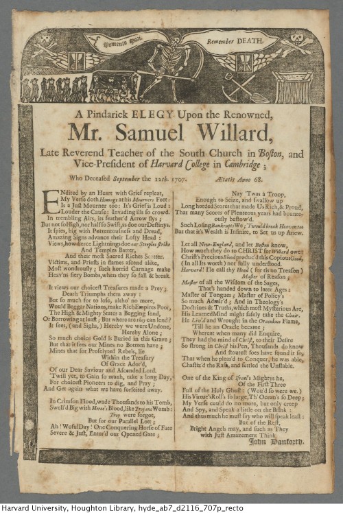Danforth, John, 1660-1730. A pindarick elegy upon the renowned, Mr. Samuel Willard, : late reverend 