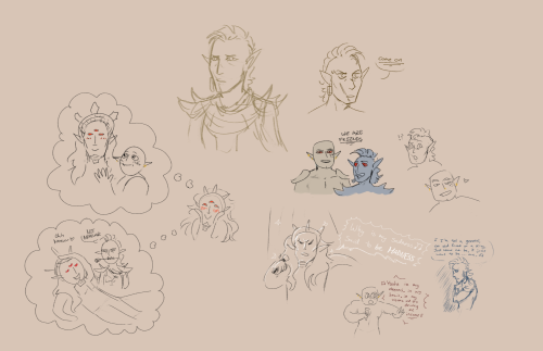 a bunch of doodles of morrowind shenanigans, including mine and @cayemms nerevarines !! bahl and iri