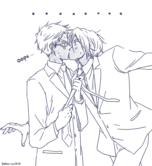 fallen-lucifiel:  When Rei gets really talkative, he forgets things are still happening… What am I doing? It’s 7am and I’m still drawing RinRei. I need to sleep!  ಥ‿ಥ They’re wearing the secret agent outfit but I’m too lazy to shade everything