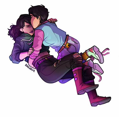 a commission for @dianaprinceownsmyass of our characters min (they/them) and audrey (she/her) floati