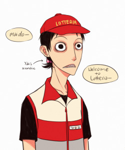 raaawrbin:  MIDOUSUJI FAsT FOOD AU ARE YOUR PANTIES READY?????????? tThe first of many dumb strips I’m gunna do in which Midousuji works part time at Lotteria(it’s like Japan’s mcdonald’s) coz biking(and hair style changing) is EXPENSIVE. Midousuji’s