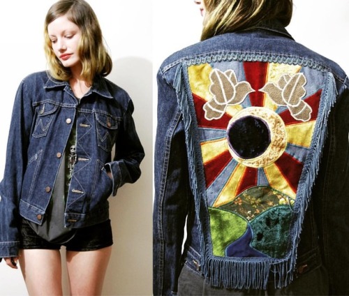 70s vintage denim wrangler jacket with handmade velvet, suede and denim eclipse/sunrise back + peace