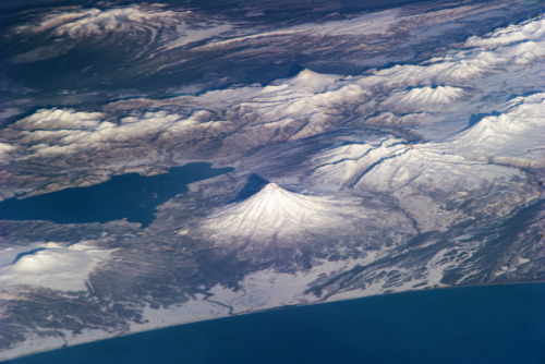 Snow-covered volcanoes on Russia&rsquo;s Kamchatka Peninsula, taken fromthe International Space Stat