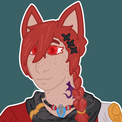 a bust drawing of g'raha tia from final fantasy 14. he is facing slightly to the left and smiling. he is wearing his post shadowbringers outfit. his hair is slightly longer and the braid goes over his left shoulder, and he has freckles across his face and neck. the lines are coloured a slightly darker version of the colour in them, aside from the eyes that are coloured with his hair colour. the background is a solid dark cyan and there is a white outline around him.