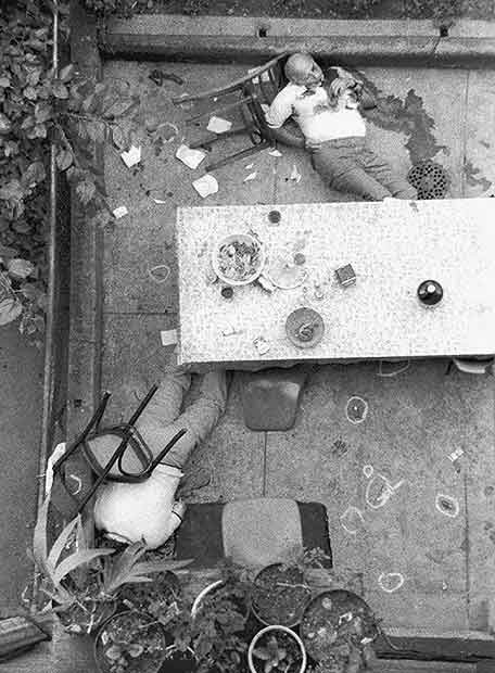 Carmine Galante and Leonardo Coppolla after a 1979  rubout in the backyard of a Brooklyn restaurant, by members of the  Bonanno crime family  Frank Castoral climbed a roof to get this shot