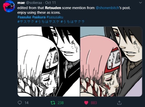 amitds:  I love this idea. Using the Obito and Rin panel (edited) to illustrate a scene from the Sasuke Retsuden novel where Sasuke saves Sakura after she’s poisoned and trapped under rubble. 