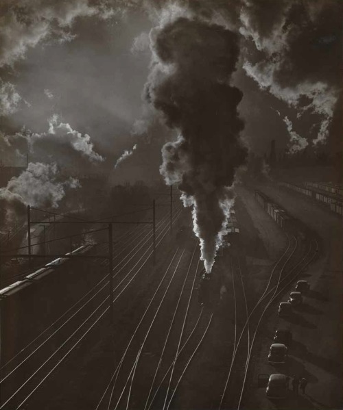 arsvitaest:  Train yard Author: A. Aubrey Bodine (American, 1906-1970)Medium: Gelatin silver print