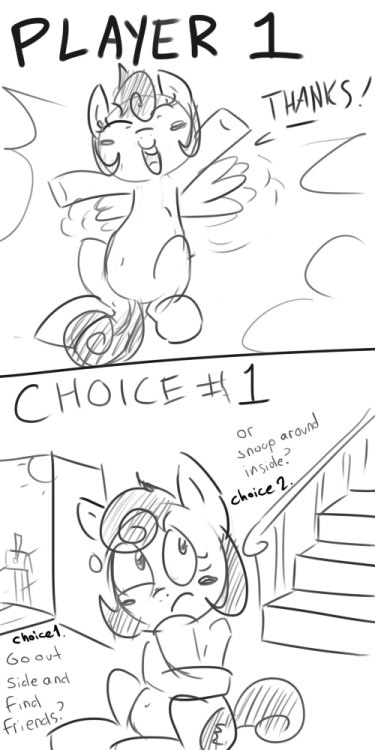 A little experiment I decided to try on the 4chan /mlp/ milky thread. A choose your own adventure comic where people would vote on what happens next. Lots of participation, was quite enjoyable. Plan to try more of this.