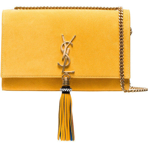 Saint Laurent Yellow Suede Kate Monogram Shoulder Bag ❤ liked on Polyvore (see more yellow purses)