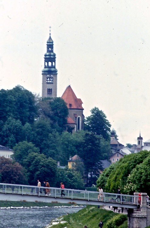 Pedestrian Bridge over the Salzach and Church, Salzburg, Austria, 1972.