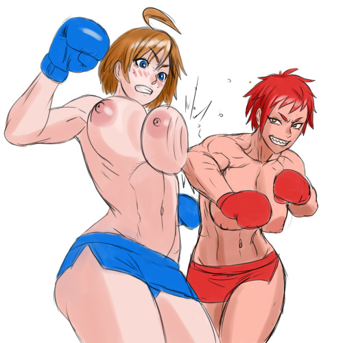 roughtumbler69:  Two boxing bitches targeting each other’s tits…