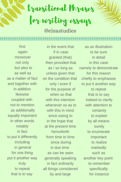 elsastudies: Some useful transitional phrases I collated when writing any type of essay!