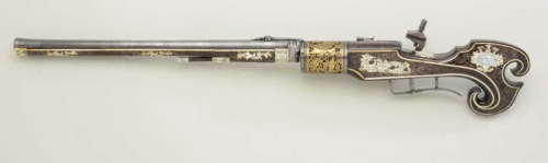 peashooter85:An ornate 6 shot wheel-lock revolving musket decorated with gold, silver, ivory, and bo