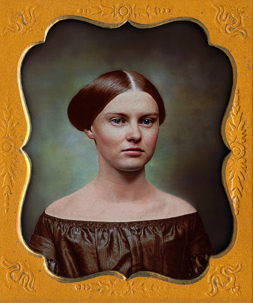 malenkaya-glosoli:  A young woman, circa 1850s.Originally sepia daguerreotype photo colourised by me in Photoshop.  Well done!