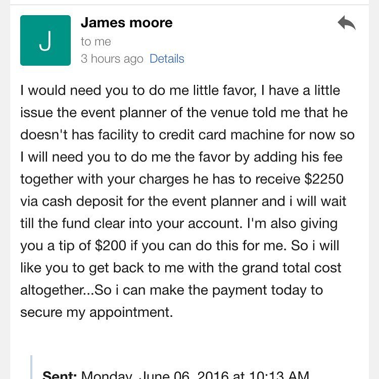 SCAM photographers beware of a James Moore jamesmoore101@email.com  Looking to hire