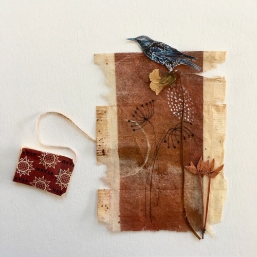 Ink, pressed flowers, cut image and monoprint on used @stashtea bag