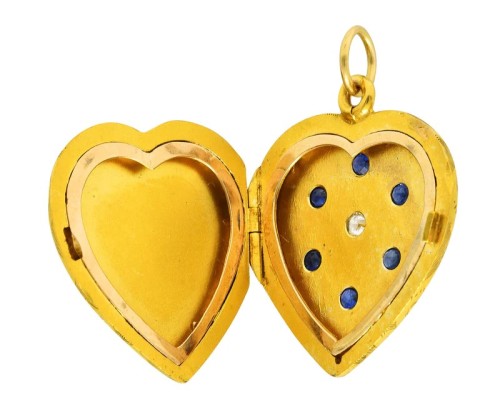 Art Nouveau gold, diamond, and sapphire engraved heart locket, c. 1905 (at Wilson’s Estate Jew