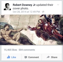 coooooooooooooorvo:  pen-strokes-and-music-notes:  Robert Downey Jr.’s Facebook page is a gift to mankind.   still cant believe rdj reposted and credited my art