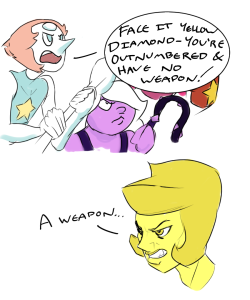 giveitaface:  Ever wonder if other gems have helmet weapons like Jasper? Ever wonder if Yellow Diamond had one? Ever wonder how stupid it would be if it were like a Flail? Well here it is. In the form of a comic that’s just an excuse for the gifs. feat.