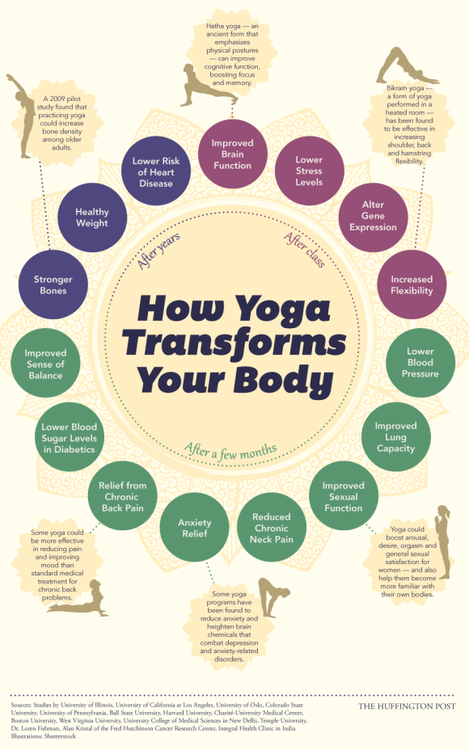Infographic on how yoga transforms your body after class, after a few months, and after years!! it&a